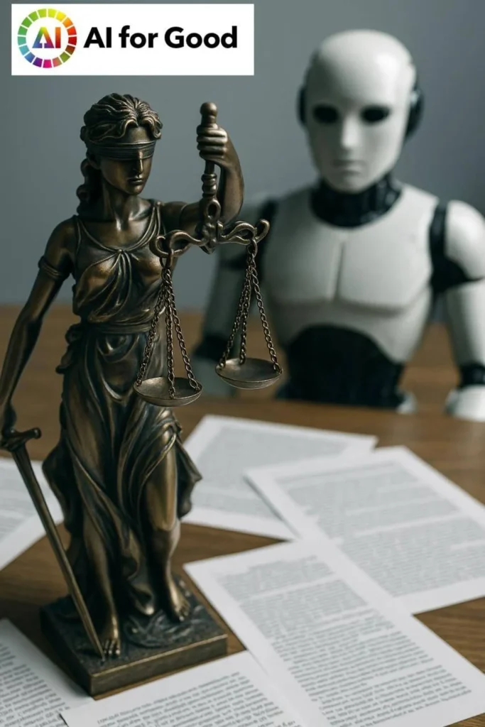 صورة لروبوت يعمل بتقنية الذكاء الاصطناعي و امامه تمثال يرمز للأخلاقيات و العدالة